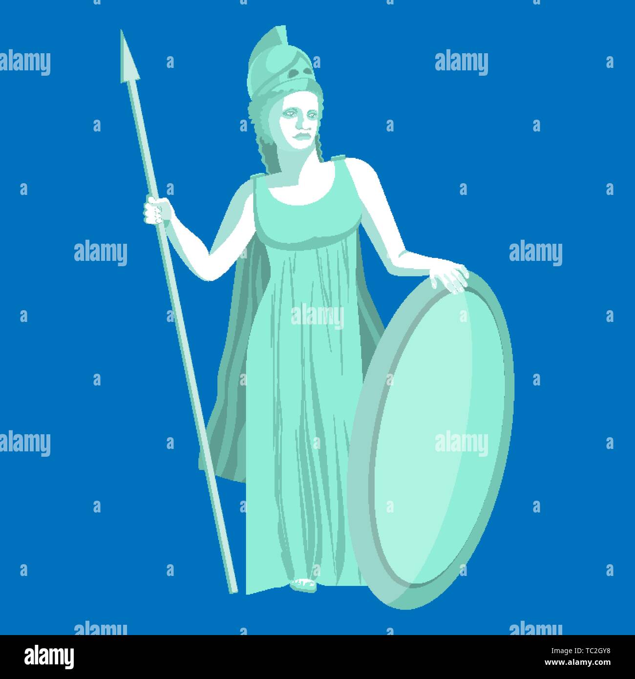 Athena or Athene marble statue on blue background. Pallas goddess of wisdom, craft, and war in ancient Greek religion and mythology. Minerva Roman god Stock Vector