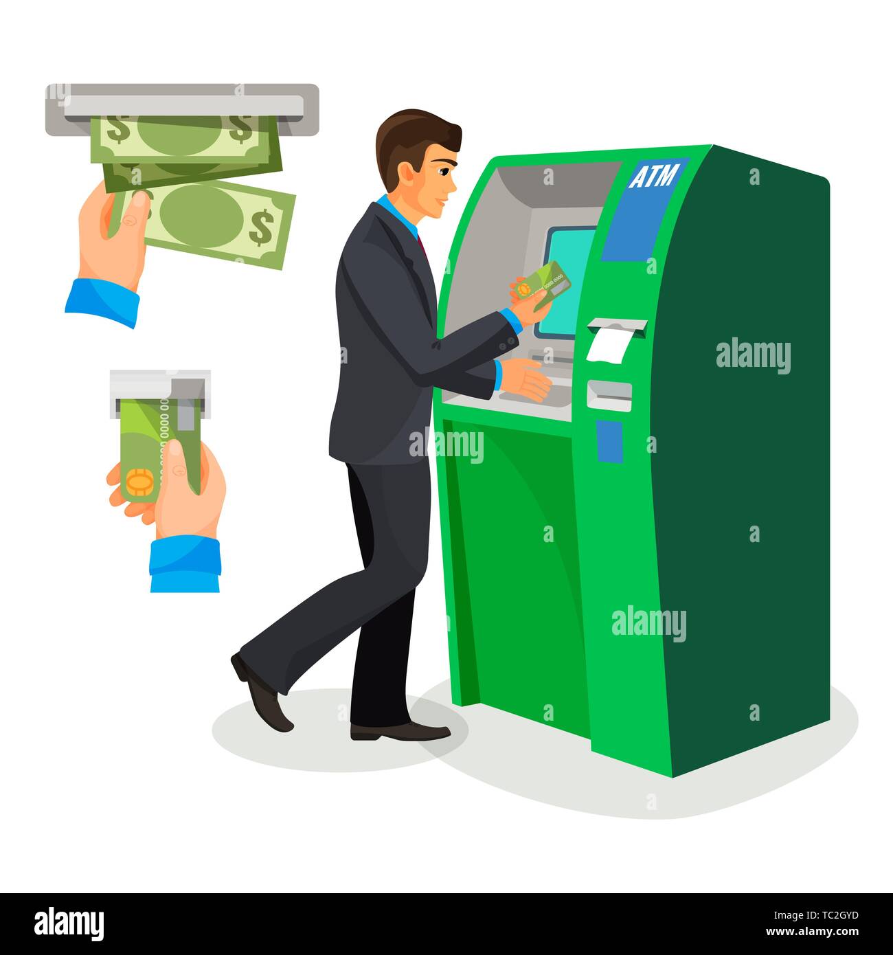 Man in black suit stands near ATM with credit card in hand and is going to take cheque. Vector picture of human hands taking money from cash machine a Stock Vector