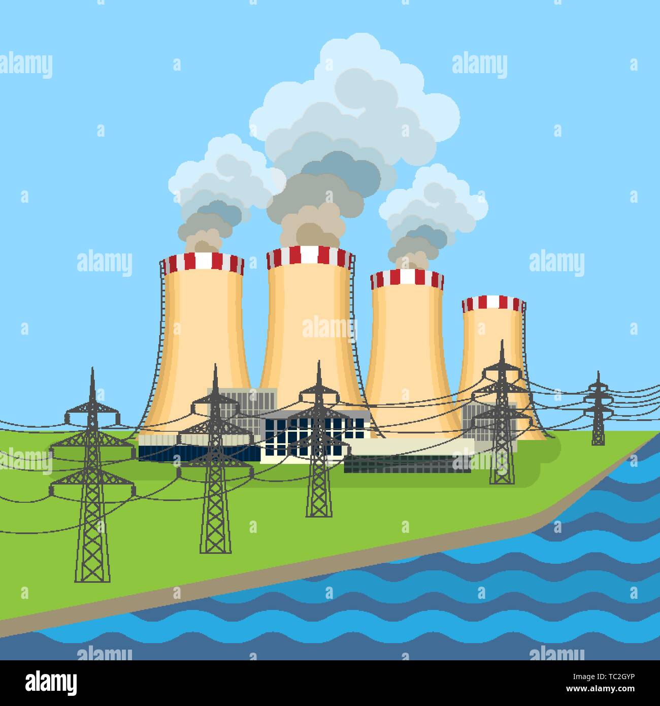 Working nuclear power plant near set of connected towers along flowing blue. Vector illustration of dangerous for environment and people anatomic nucl Stock Vector