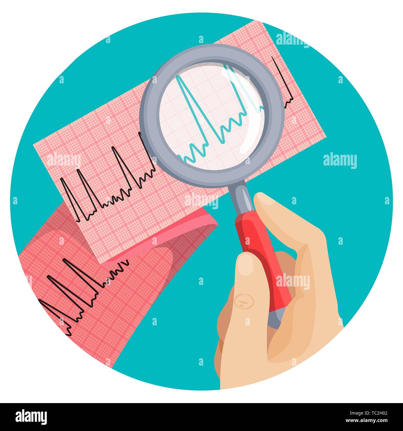 Look on atrial fibrillation through magnifying glass that human hand holds in round vector picture on white. Long piece of paper with ECG scheme of im Stock Vector