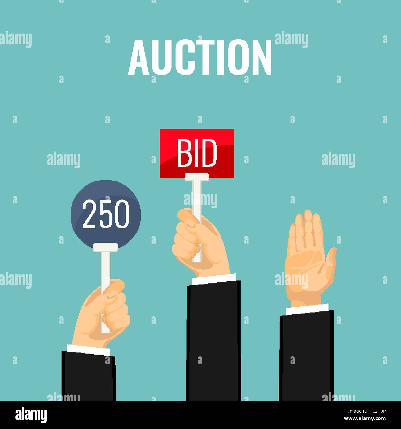 Auction meeting and hands holding paddles with number and BID inscriptions. Vector illustration of buying things on auction by rising special paddle a Stock Vector