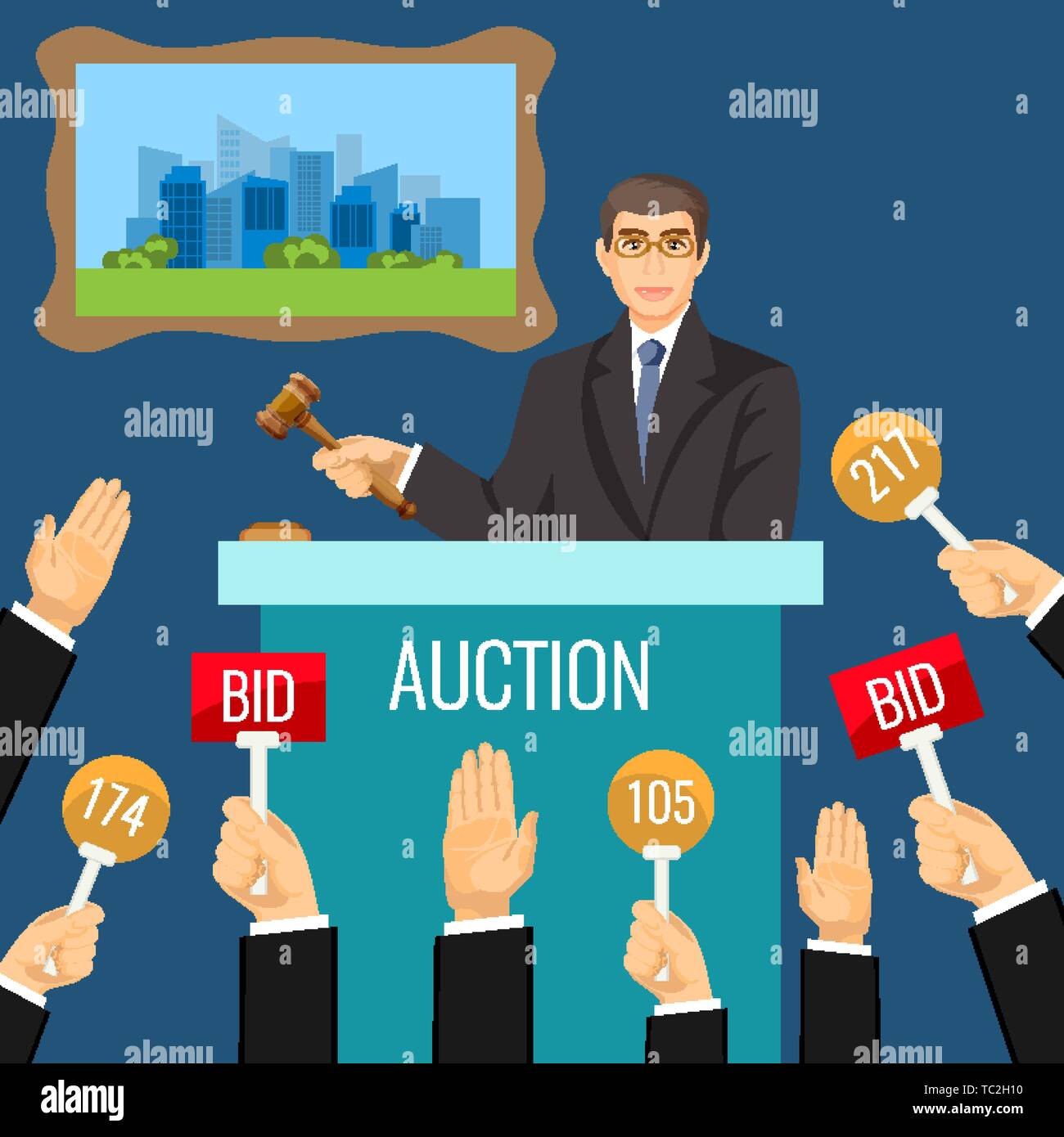 Auction vector process with man holding gavel behind special stand near