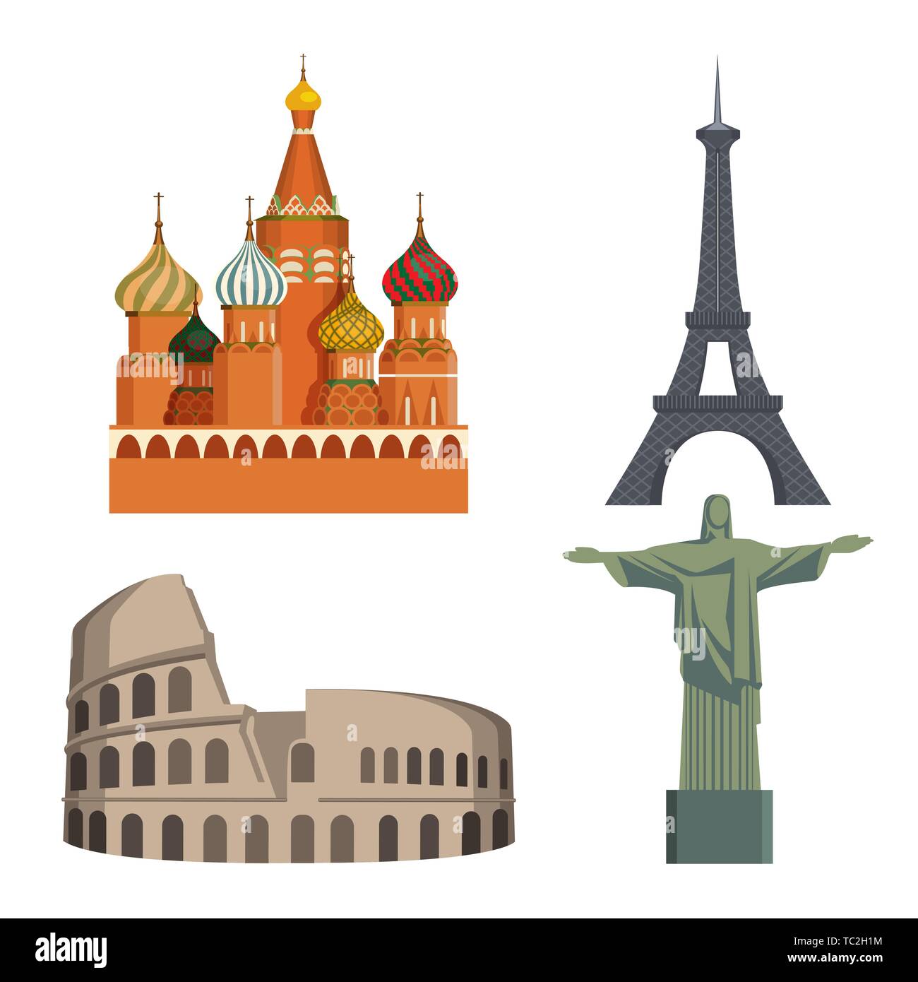 Worlds attractions Kremlin, Eiffel tower, Italian Coliseum, Statue of Christ Stock Vector