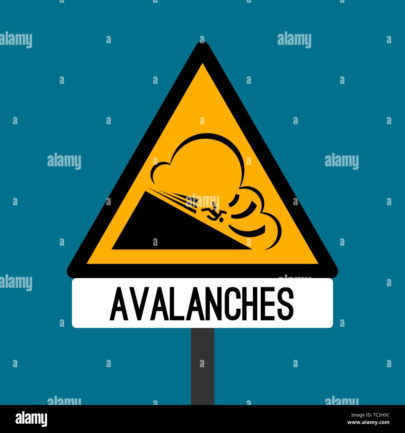 Road sign avalanches. Snowslide or snowslip rapid flow of snow Stock Vector