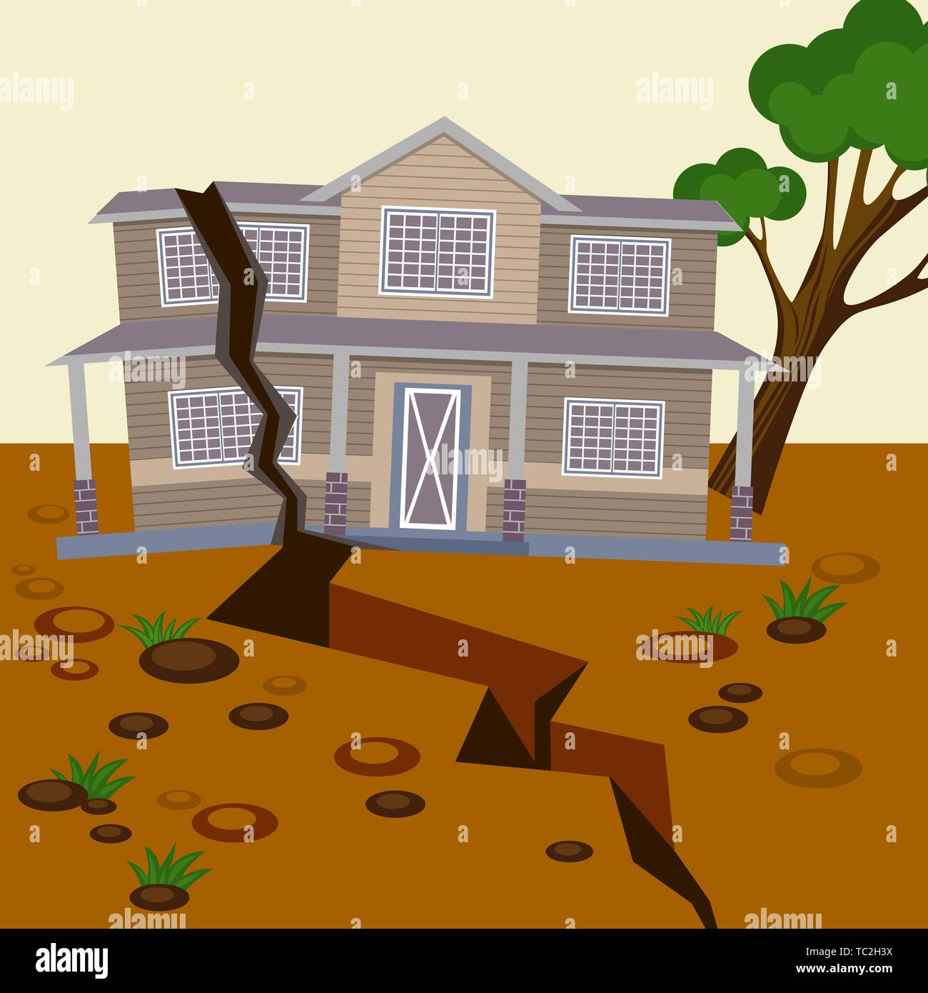 Earthquake damaged house and ground splitted in two parts Stock Vector