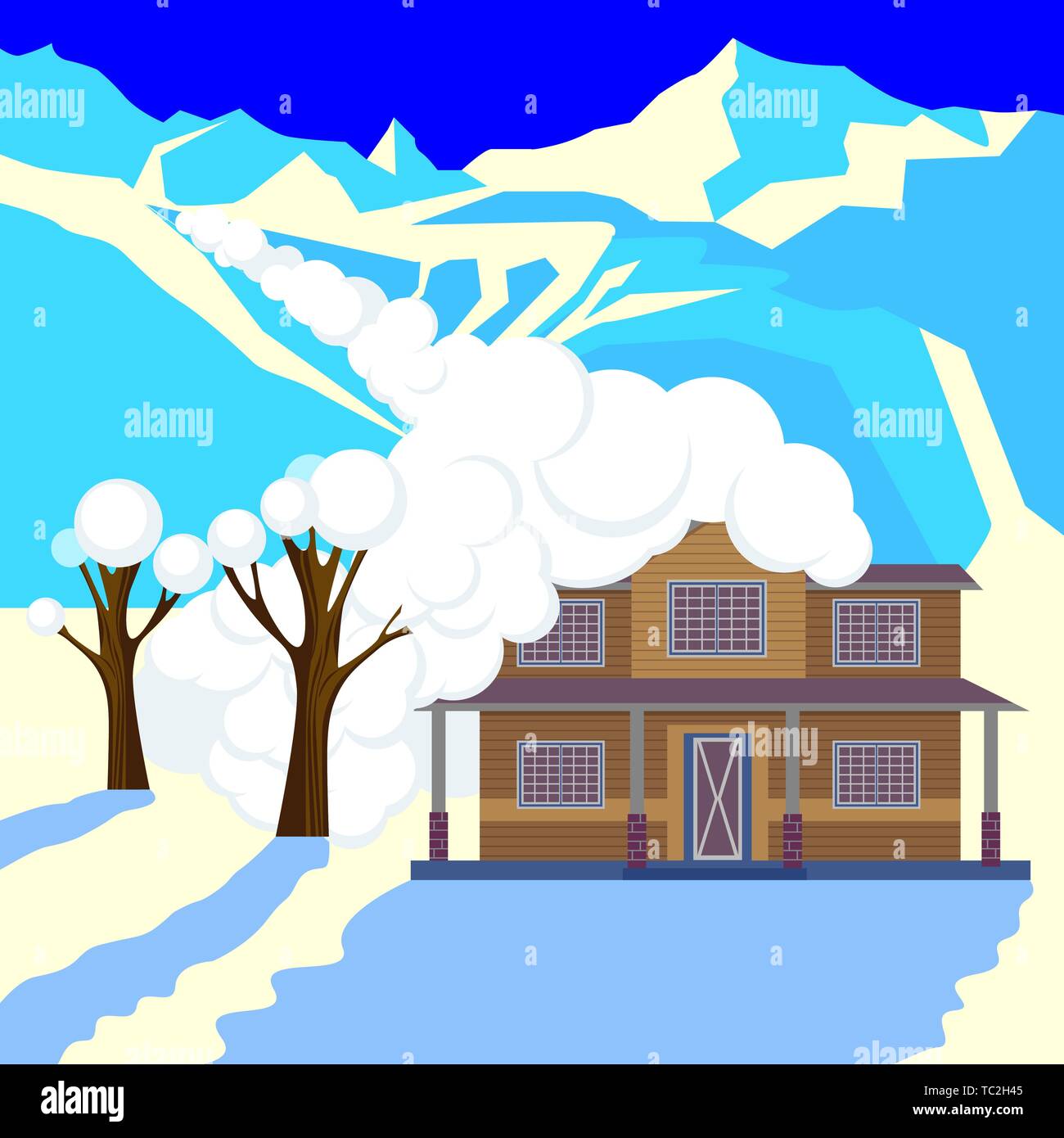 Snow avalanche in mountains covered cottage roof and trees. Stock Vector