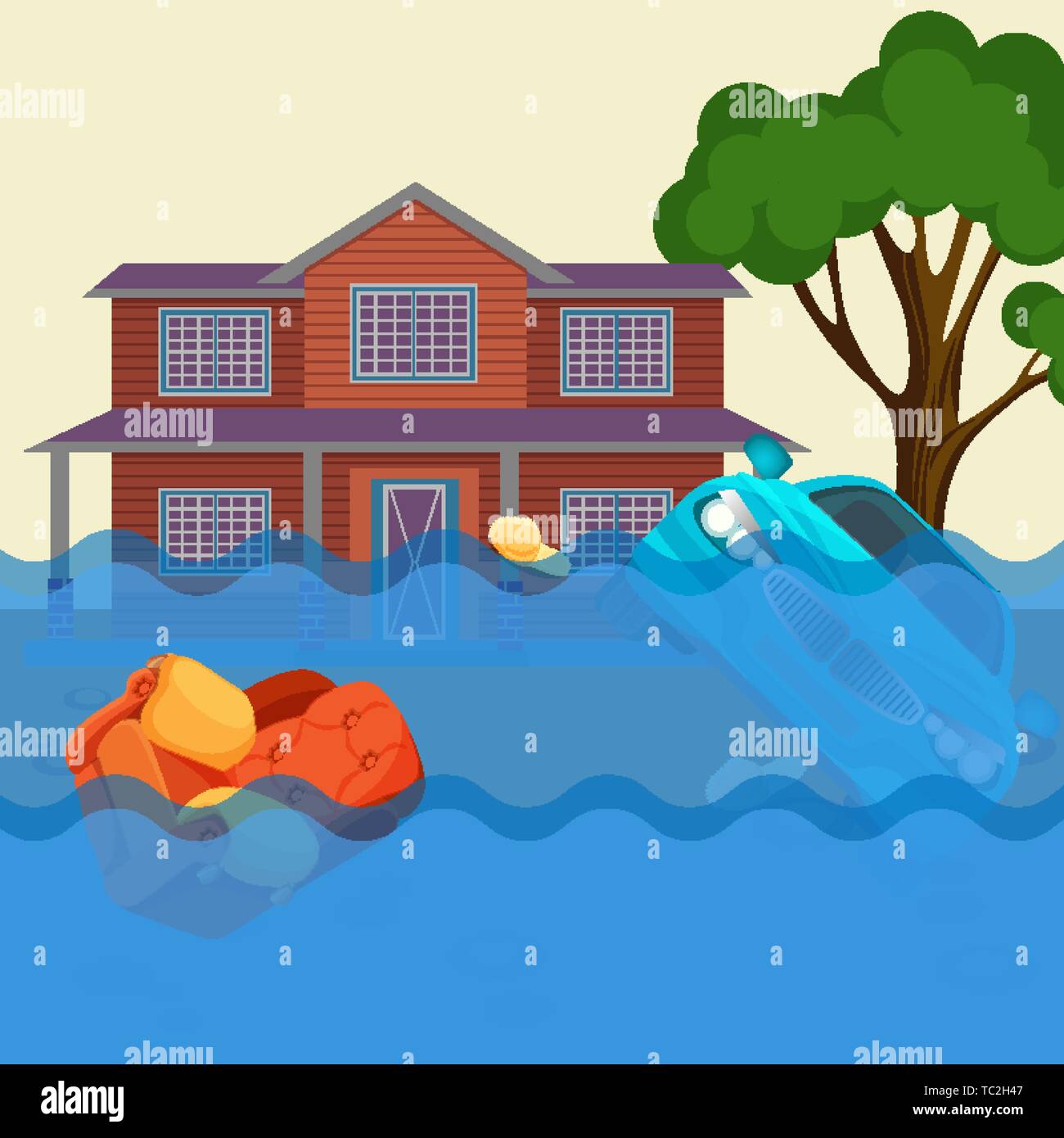 Flood realistic natural disaster vector illustration. Cottage house, car, trees Stock Vector