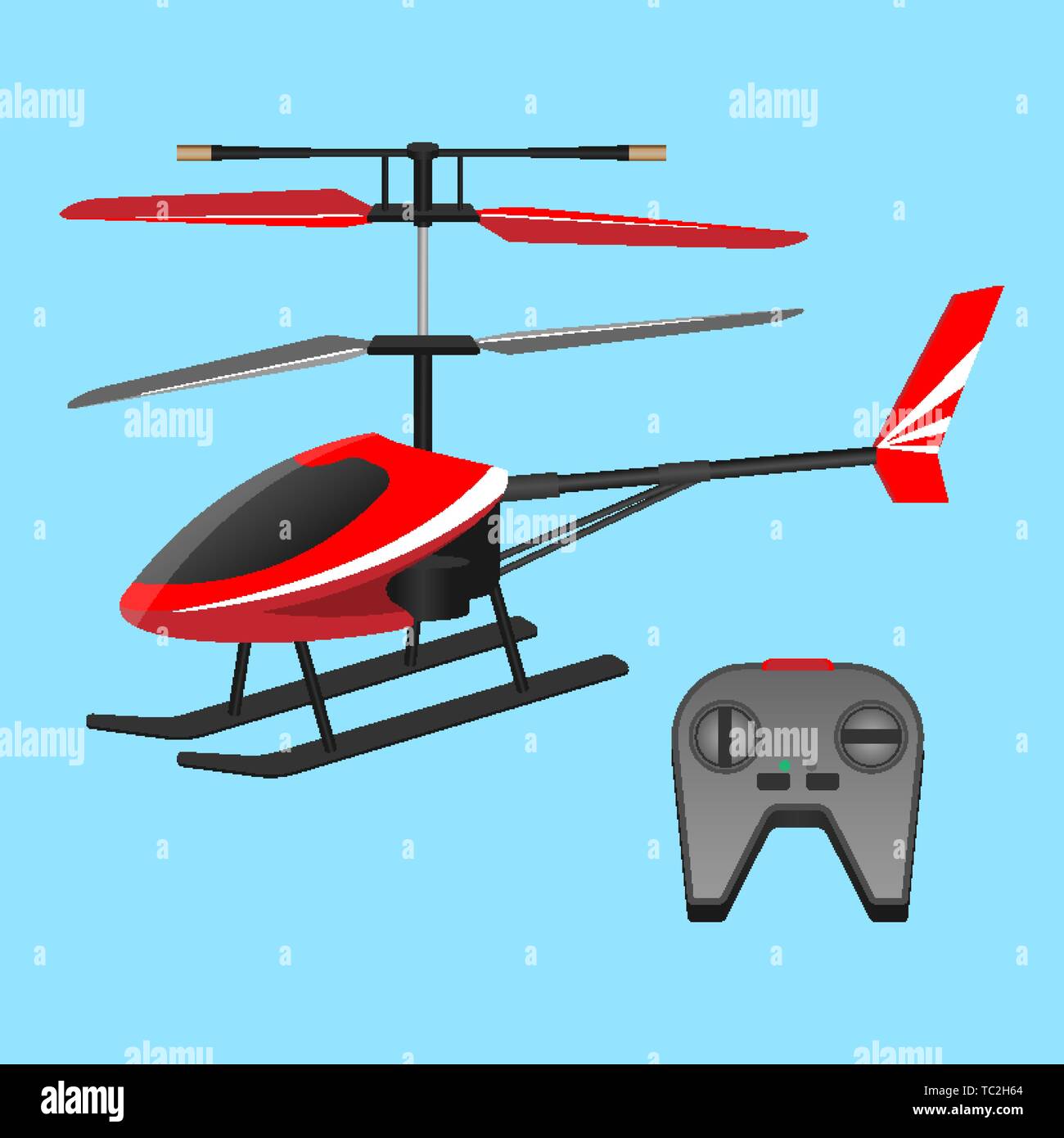 . Red helicopter plaything and black small control panel with buttons. Stock Vector