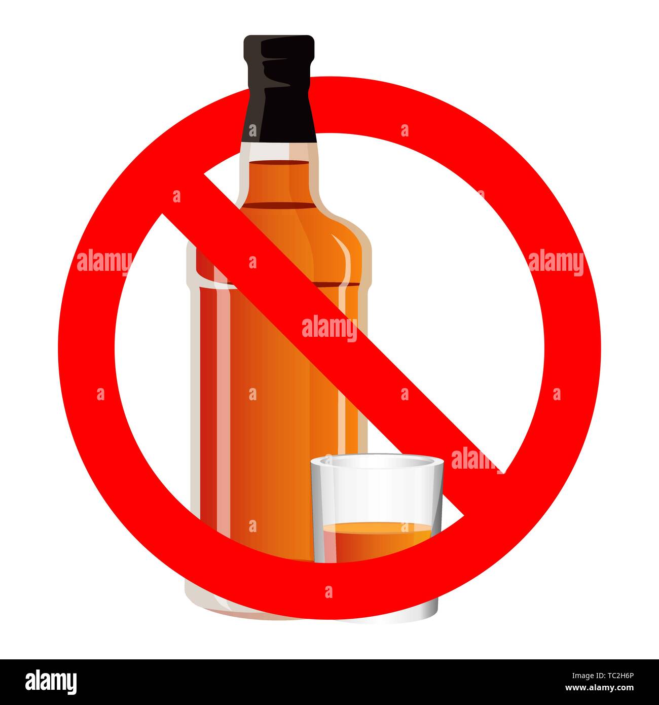 Bottle of alcohol drink and stemware in no allowed sign Stock Vector