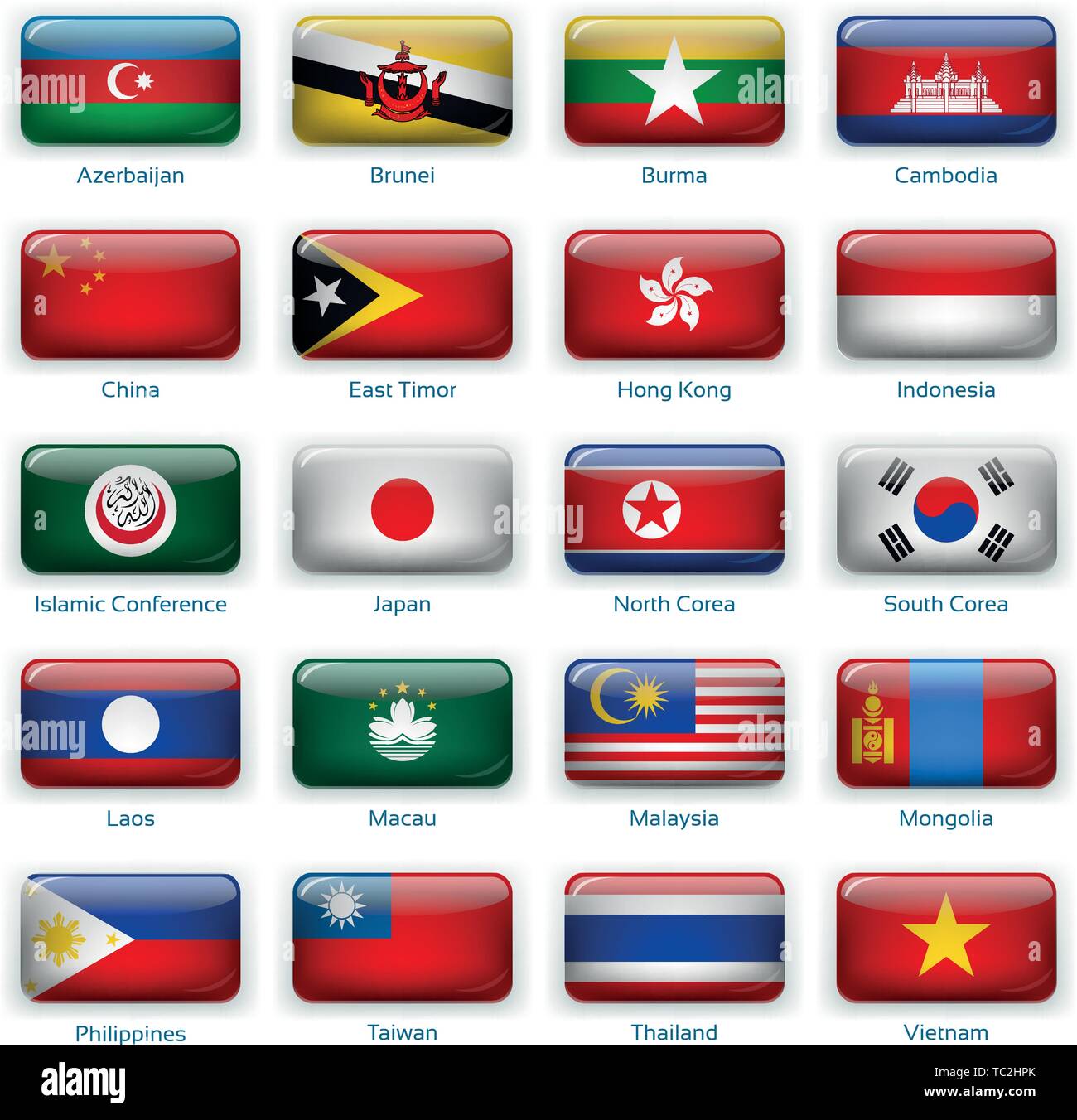 Button flags Eastern Asia. Vector illustration. 3 layers. Shadows, flat flag you can use it separately, button. Collection of 220 world flags. Accurate colors. Easy changes. Stock Vector