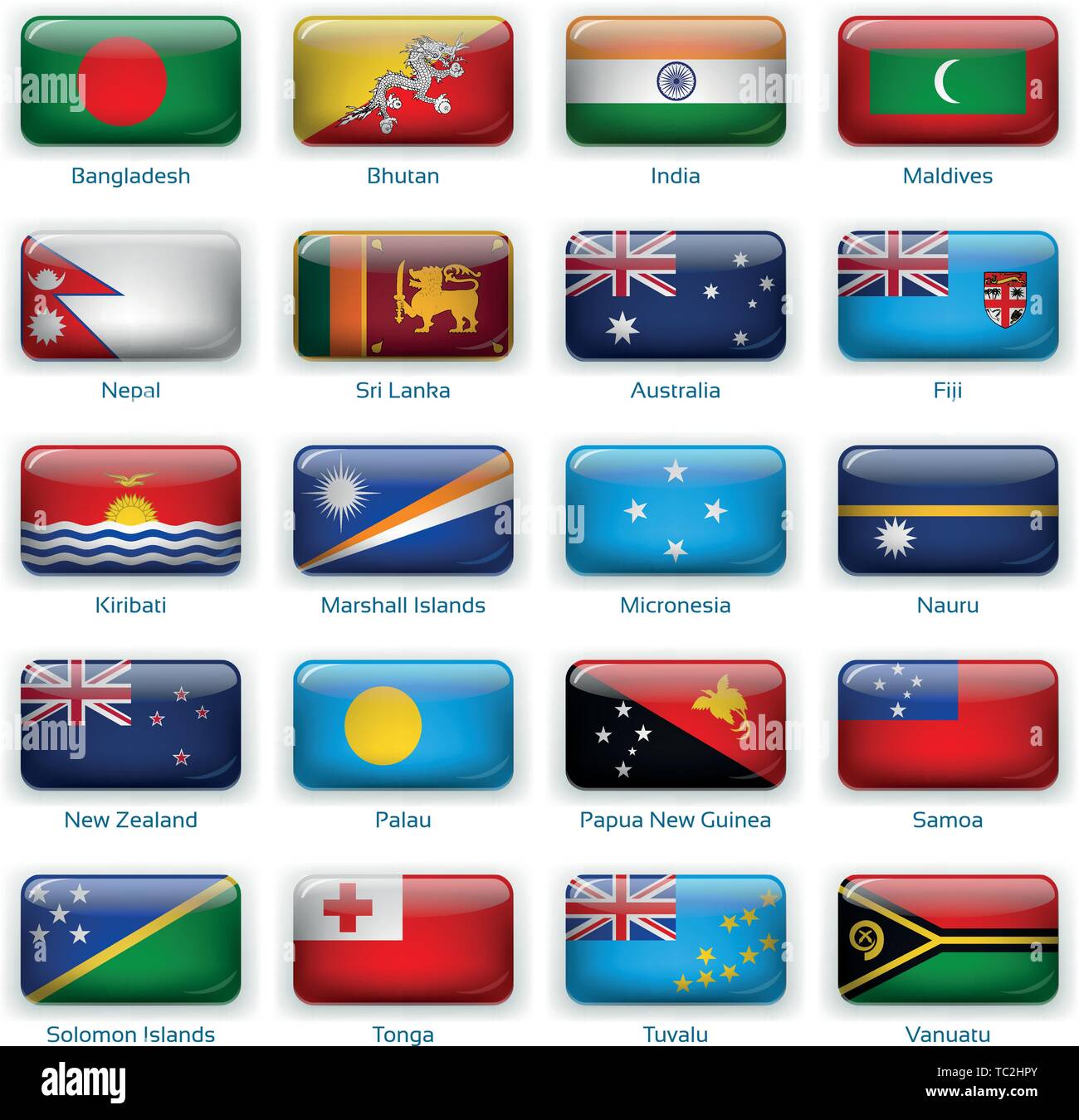Button flags South Asia and Oceania. Vector illustration. 3 layers. Shadows, flat flag you can use it separately, button. Collection of 220 world flags. Accurate colors. Easy changes. Stock Vector