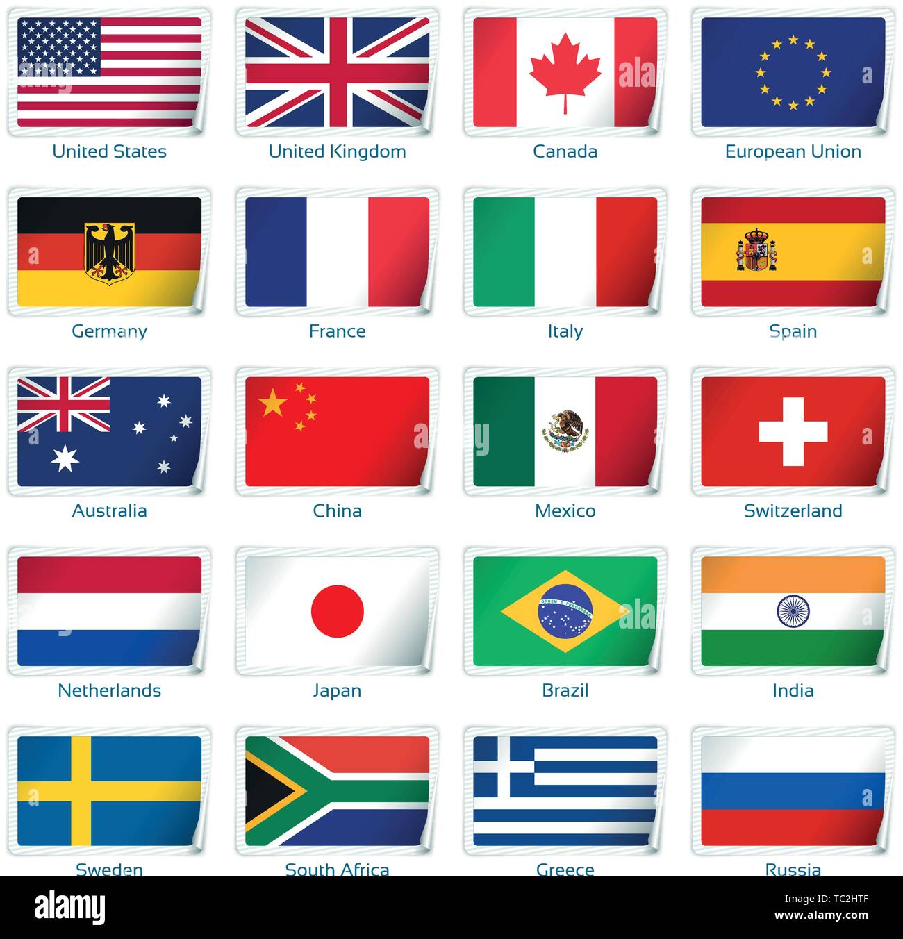 Sticker flags popular. Vector illustration. 3 layers. Shadows, flat flag you can use it separately, sticker. Collection of 220 world flags. Accurate colors. Easy changes. Stock Vector