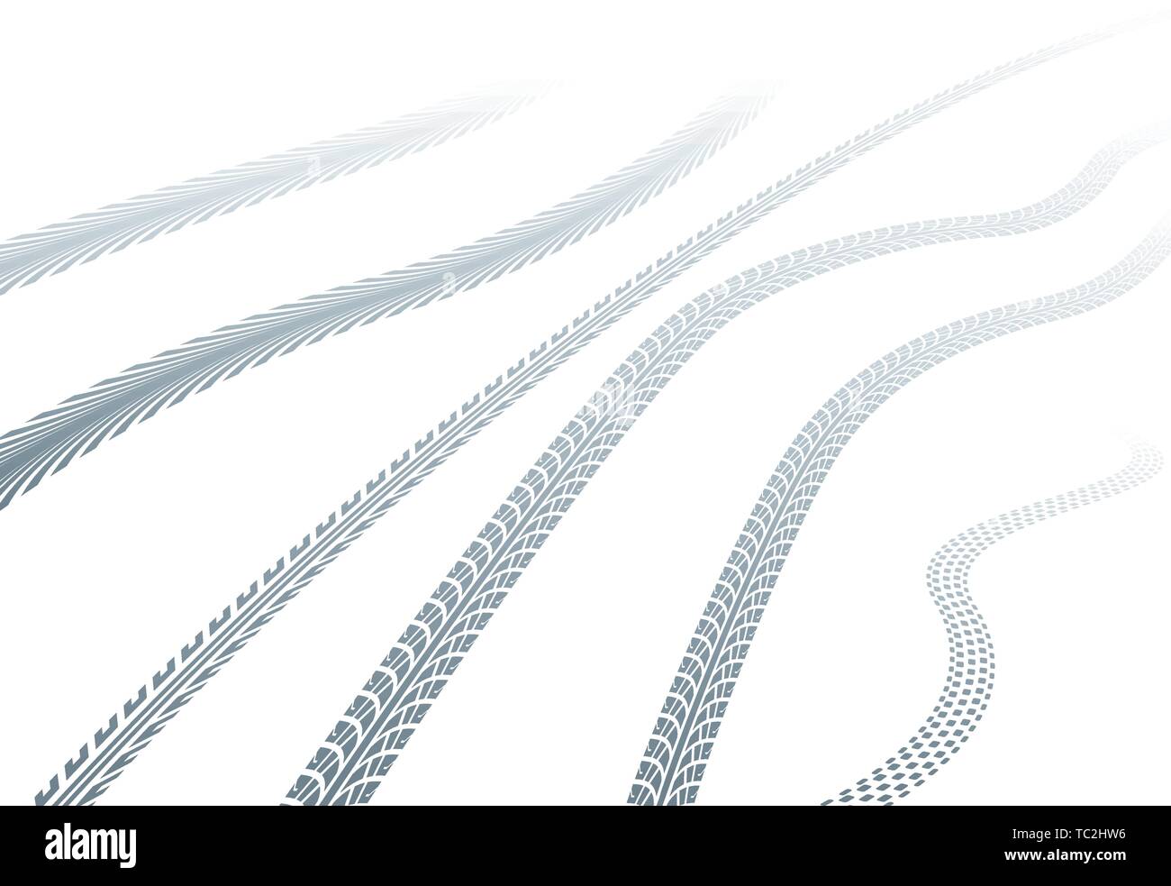 Vector illustration. Six tire tracks vanishing on snow background. Stock Vector