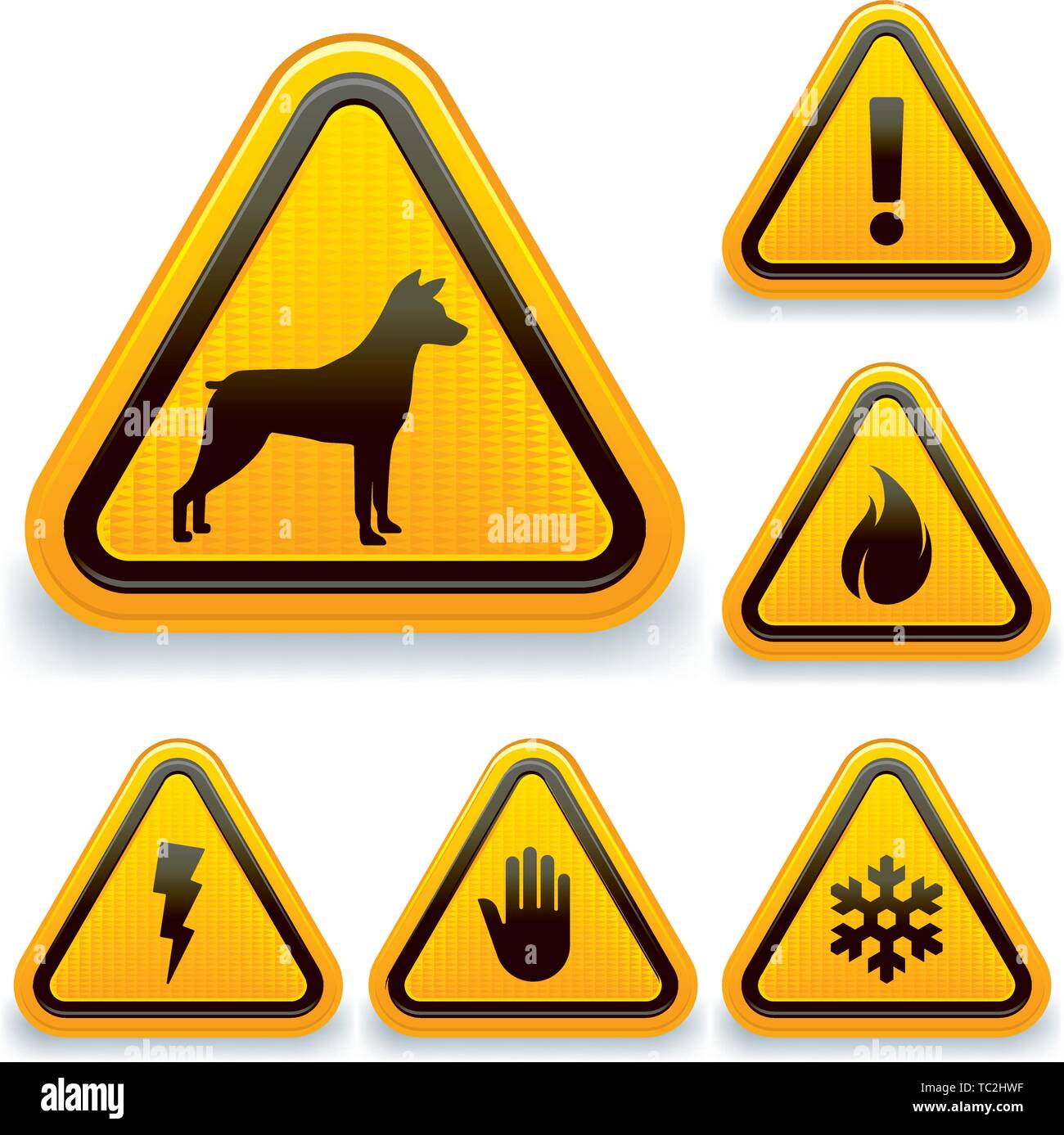 Vector illustration. Six warning symbols with icons in shine style. Stock Vector