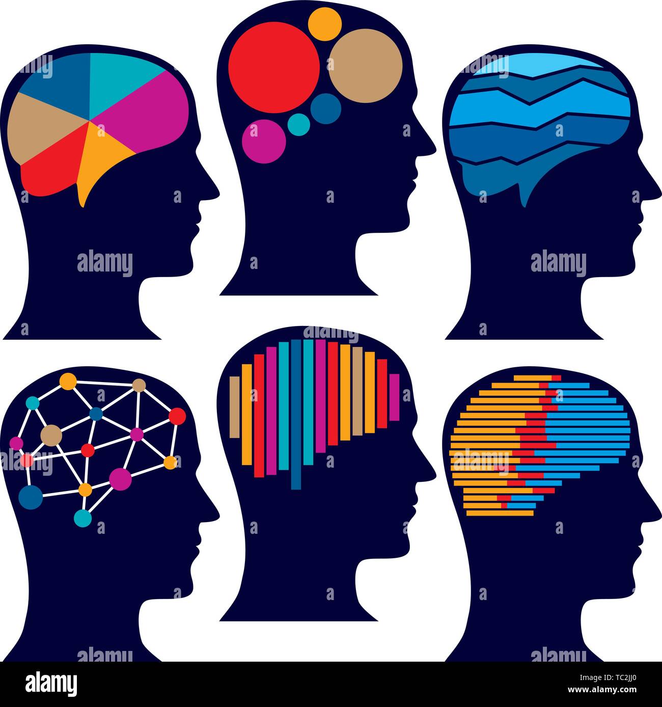 Vector illustration. Six brain icons in flat and colored style. Stock Vector