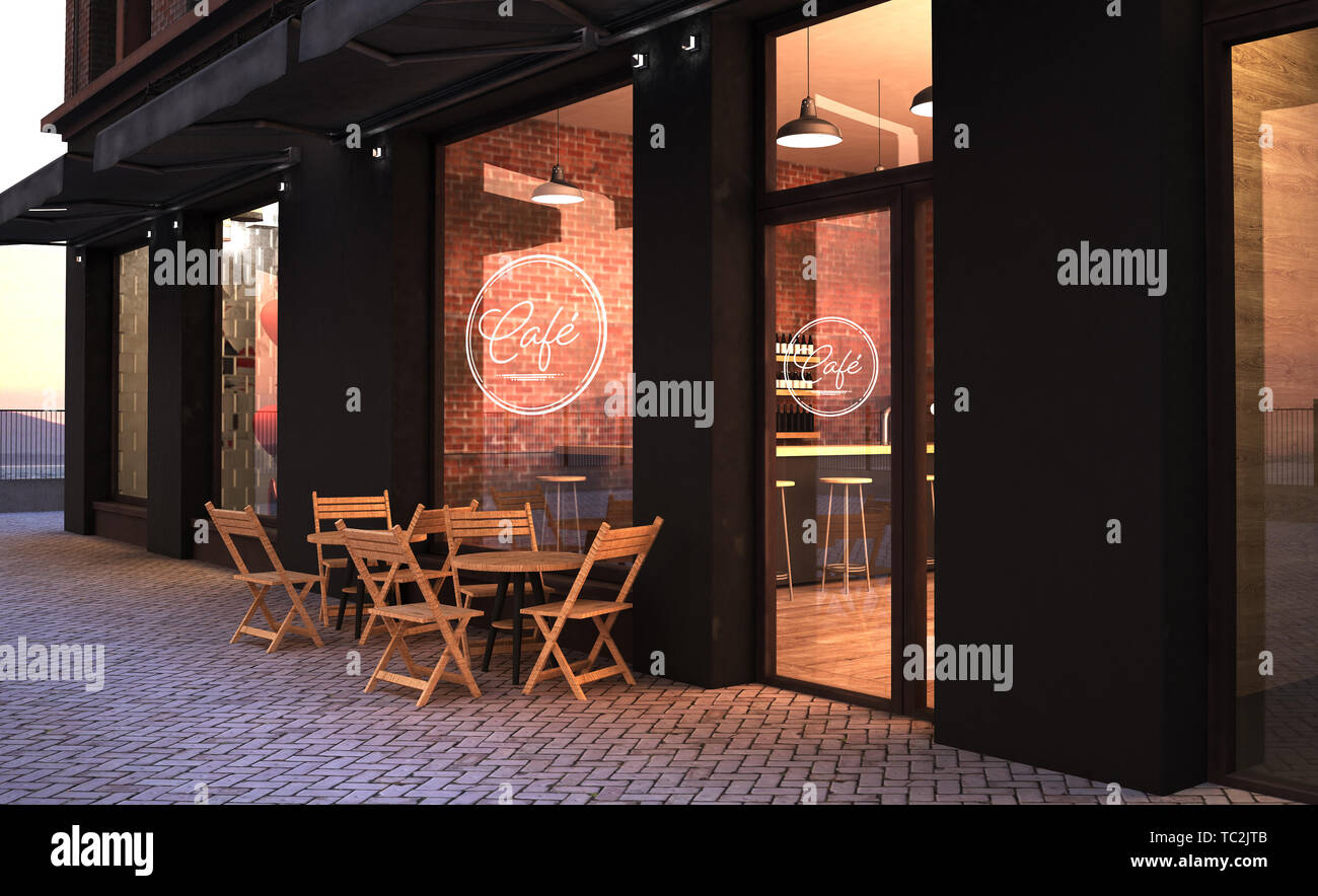 fashion retro cafe terrace mockup 3d rendering Stock Photo - Alamy