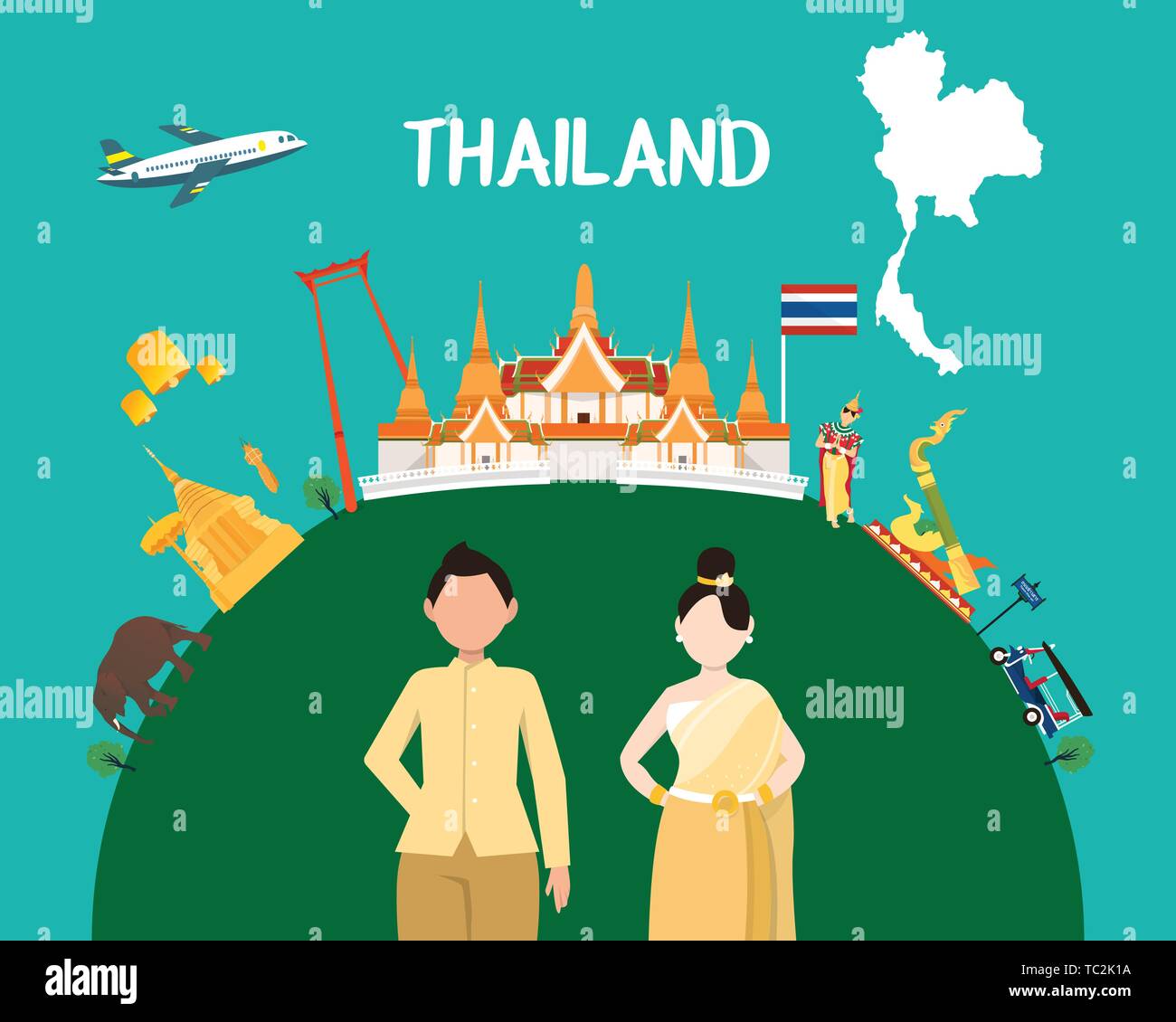 Traveling to Thailand by landmarks map illustration Stock Vector