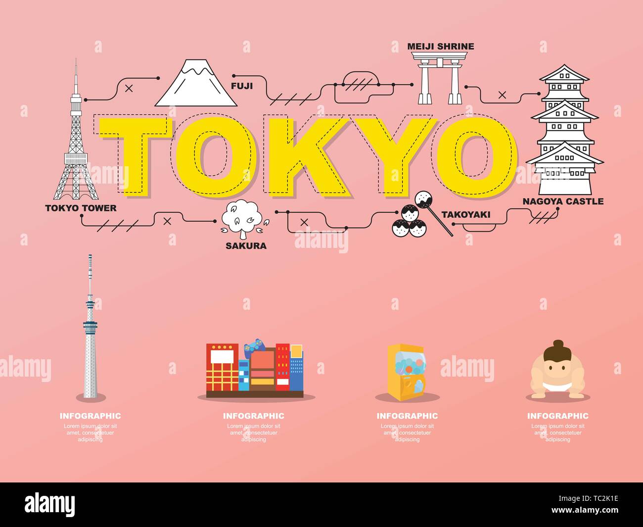 Tokyo landmarks icons in Japan for traveling.vector Stock Vector