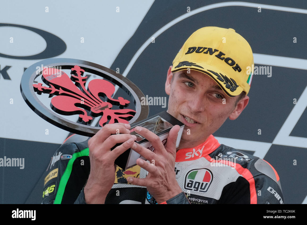 SCARPERIA,FIRENZE ITALY JUNE 2 2019 Luca Marini of Italy (brother of Valentino  Rossi) and SKY Racing Team VR46 celebrates his second place on the Podium  at the end the Race MotoGP of
