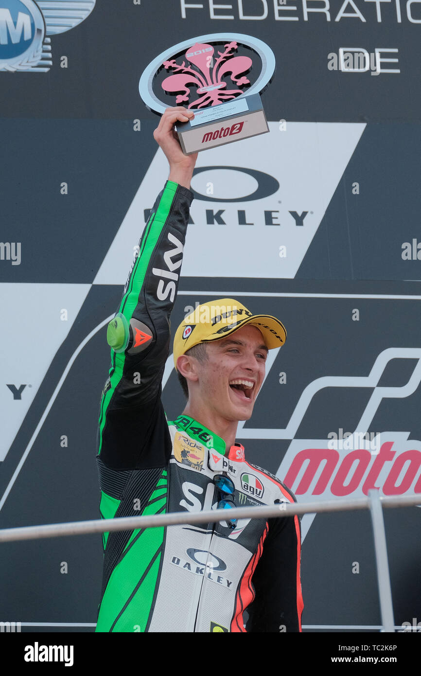 Scarperia Firenze Italy June 2 2019 Luca Marini Of Italy Brother Of Valentino Rossi And Sky Racing Team Vr46 Celebrates His Second Place On The Podium At The End The Race Motogp Of