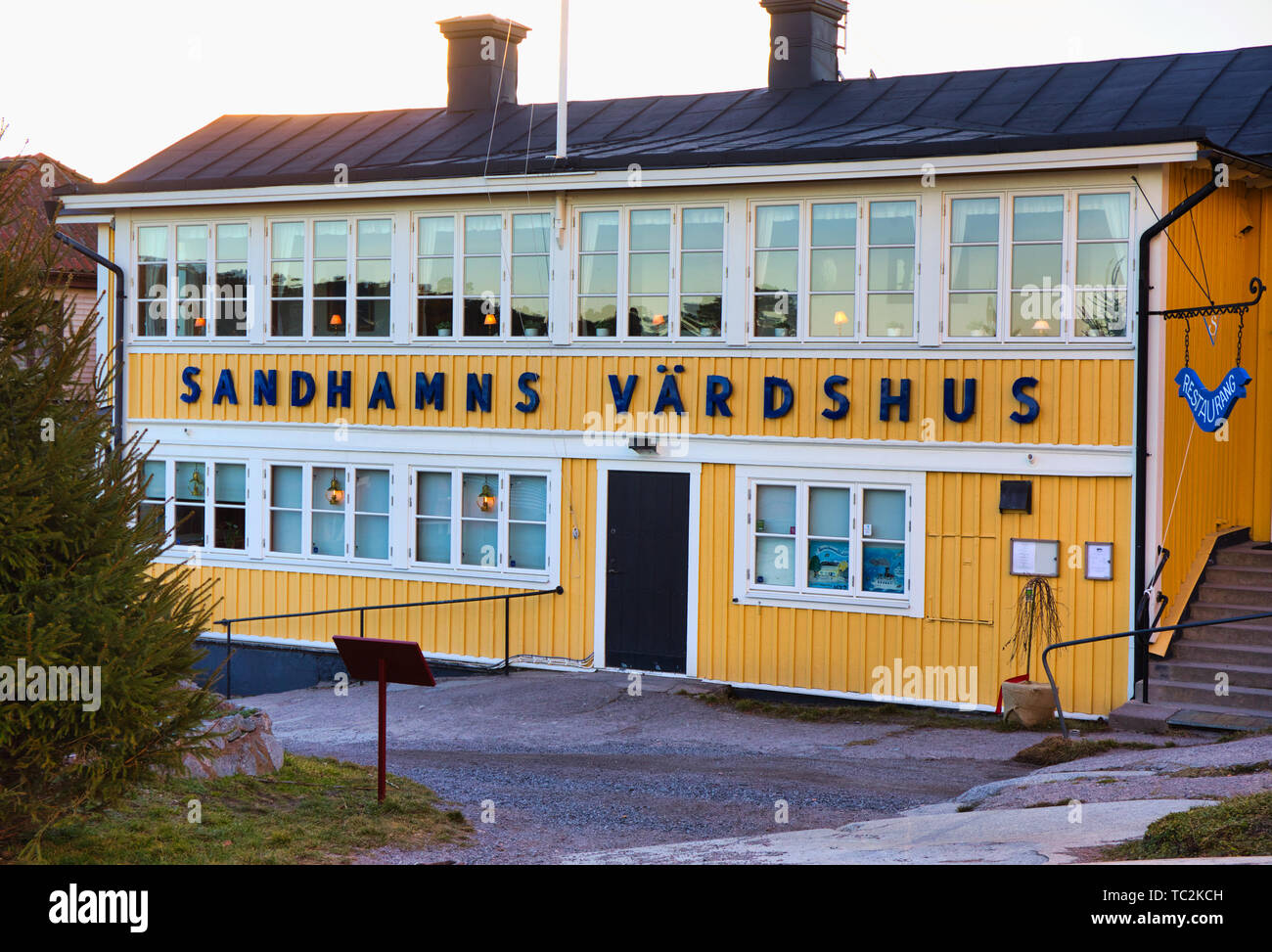 Sandhamns Vardshus a well known Inn and restaurant at dusk, Sandhamn island, Stockholm archipelago, Sweden, Scandinavia Stock Photo