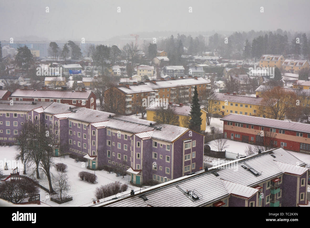 Snow covered rooftops in the Stockholm suburb of Upplands Vasby, Stockholm, Sweden, Scandinavia Stock Photo