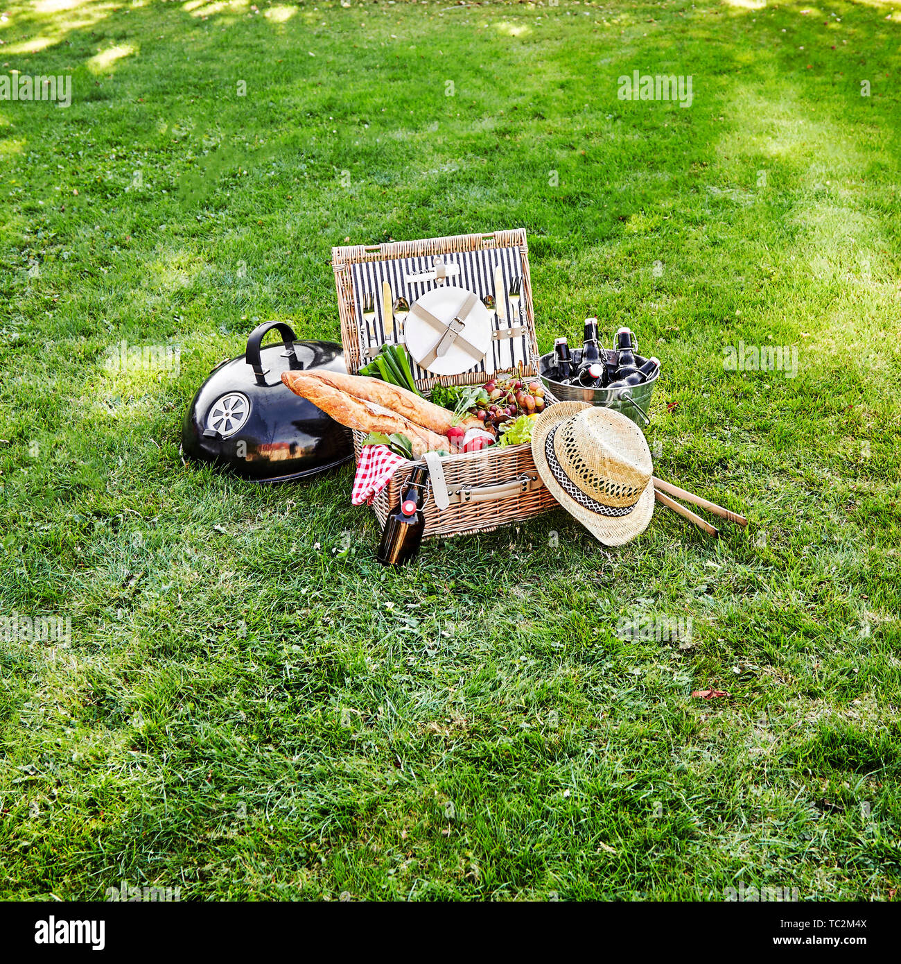 Vintage style summer picnic hamper with fresh vegetables, bunches of grapes and bottles of beer in a silver cooler with French baguettes on a green la Stock Photo