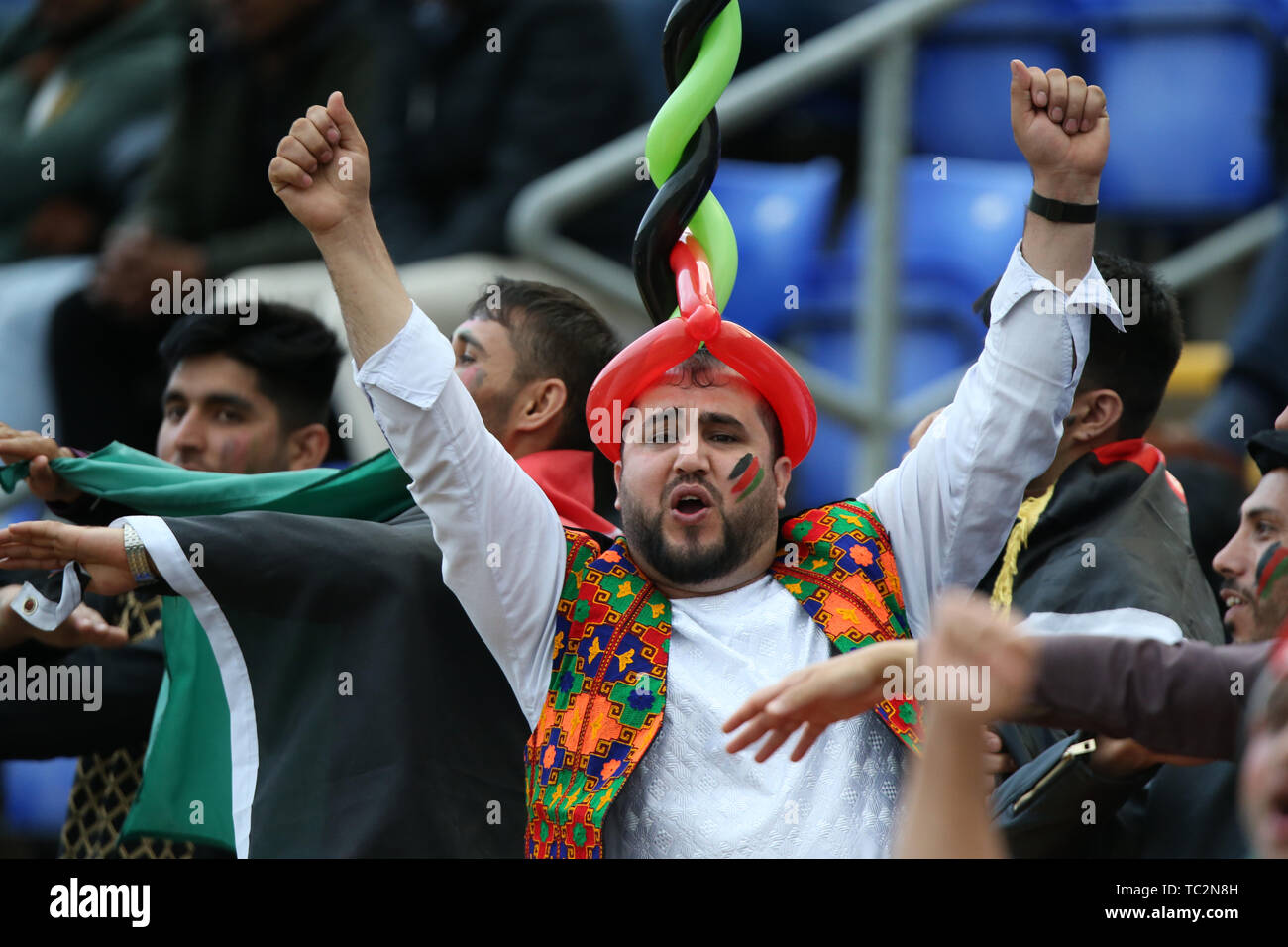 Cardiff, Wales, UK. 04th June, 2019. 4th June 2019, Sophia Gardens, Cardiff, Wales, ICC Cricket World Cup, Afghanistan versus Sri Lanka; Afghanistan fans cheer a four Credit: Action Plus Sports Images/Alamy Live News Stock Photo