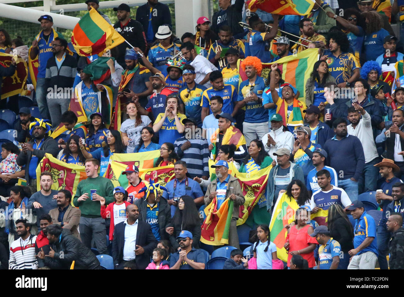 Cardiff, Wales, UK. 04th June, 2019. 4th June 2019, Sophia Gardens, Cardiff, Wales, ICC Cricket World Cup, Afghanistan versus Sri Lanka; Sri Lanka fans wave flags and cheer Credit: Action Plus Sports/Alamy Live News Credit: Action Plus Sports Images/Alamy Live News Stock Photo