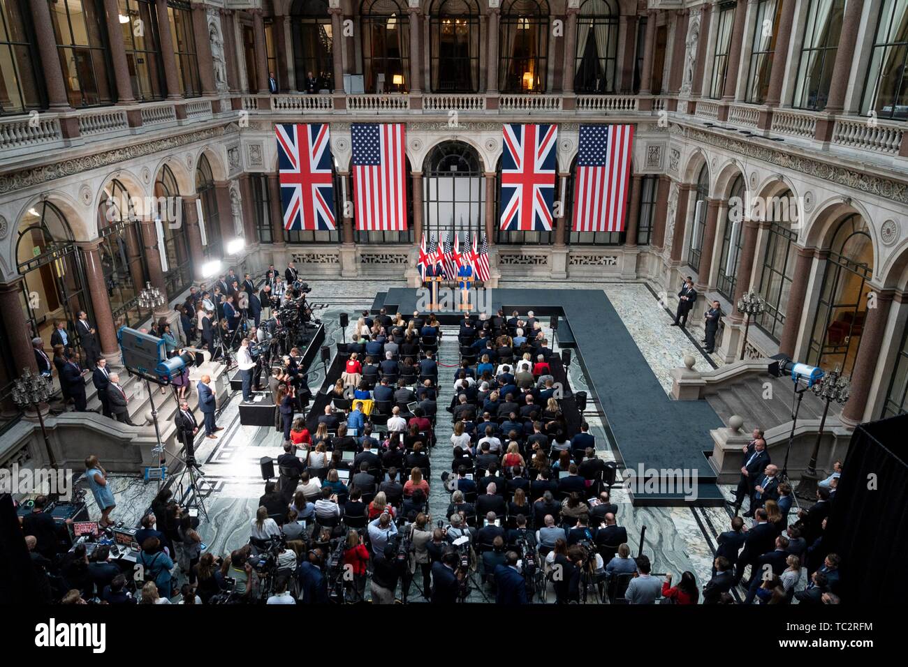 London, UK. 04th June, 2019. U.S President Donald Trump and outgoing British Prime Minister Theresa May holds a joint press conference at the Foreign & Commonwealth Office June 4, 2019 in London, England. Credit: Planetpix/Alamy Live News Stock Photo