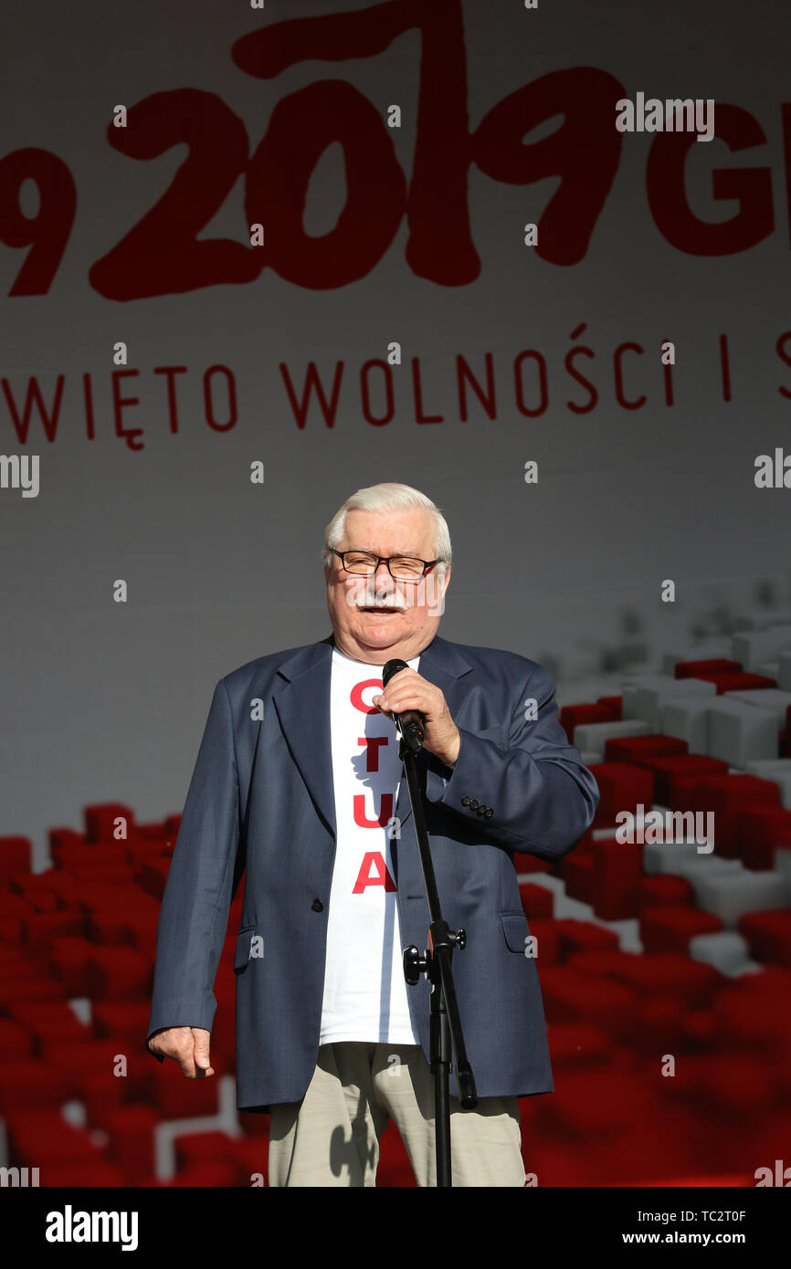 Gdansk, Poland. 4th June, 2019 Former President of Poland Lech Walesa during the rally on the Dlugi Targ street is seen Freedom and Solidarity Days mark 30th anniversary of the first partly free elections in Poland on 4th of June 1989.  © Vadim Pacajev / Alamy Live News Stock Photo