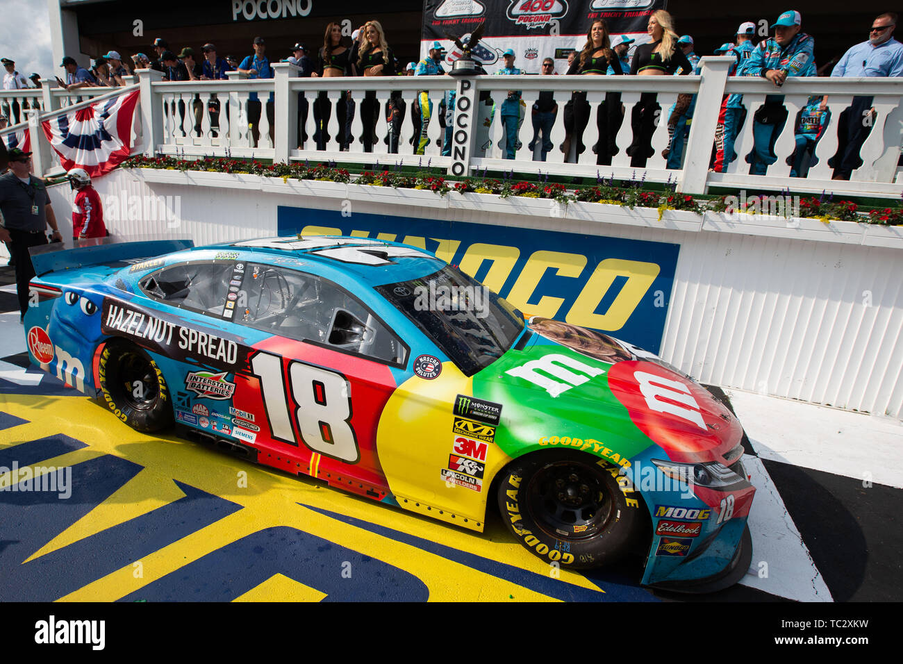 June 02, 2019: Monster Energy NASCAR Cup Series Kyle Busch's car (18) sits  at Victory Lane after the Pocono 400 at Pocono Raceway in Long Pond, PA  Daniel Lea/CSM Stock Photo - Alamy