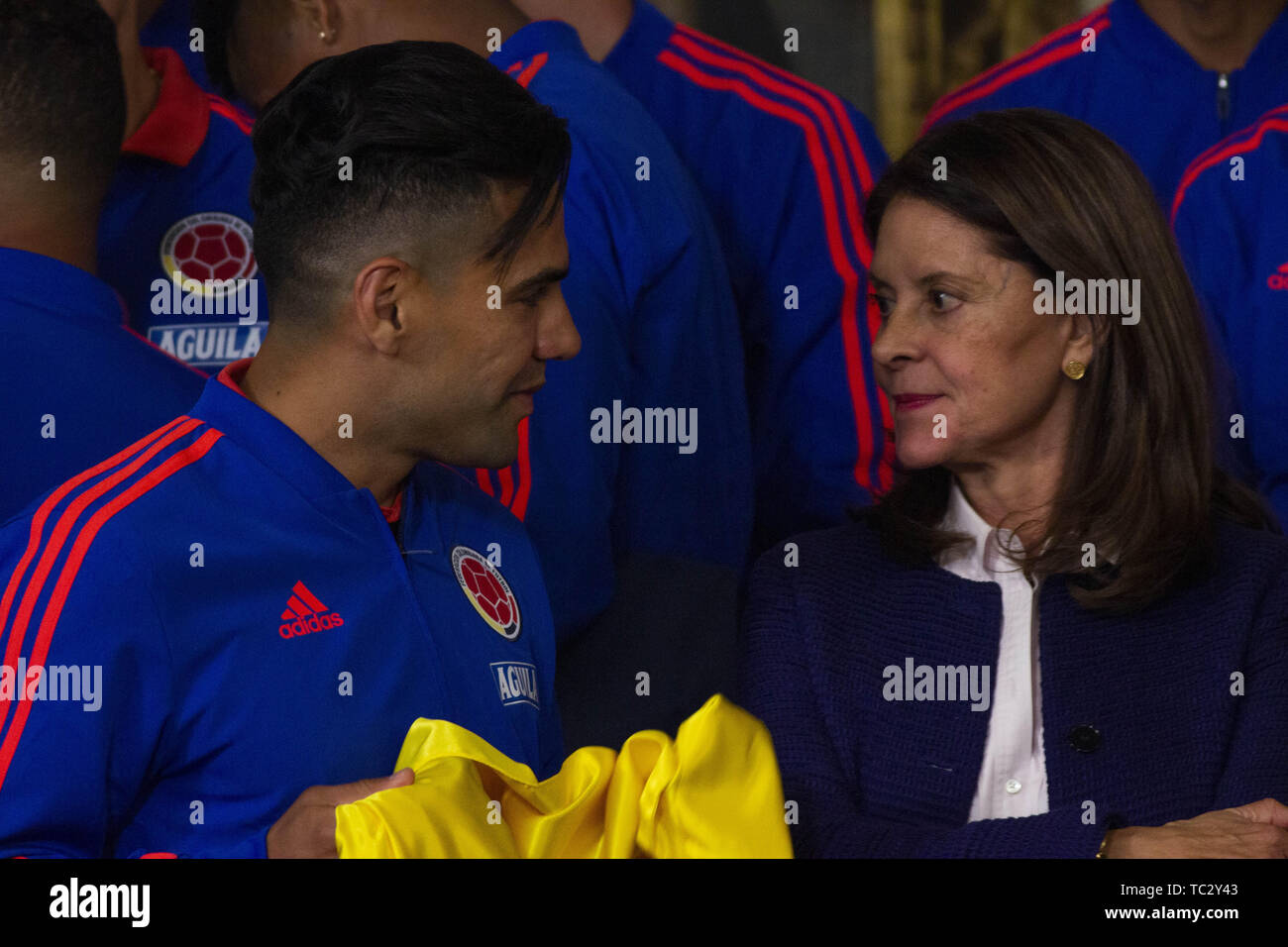 June 4, 2019 - Radamel Falcao (L) and Vice President Marta Lucia RamÃ-rez (R) at the ceremony at the Casa de NariÃ±o with the Colombia National Team that received the National Pavilion from the hands of President IvÃ¡n Duque. Credit: Daniel Garzon Herazo/ZUMA Wire/Alamy Live News Stock Photo
