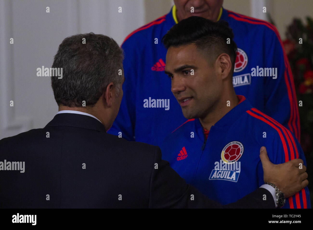 June 4, 2019 - President Ivan Duque speaks with the captain of the Colombian team, Radamel Falcao at the ceremony at the Casa de NariÃ±o. Credit: Daniel Garzon Herazo/ZUMA Wire/Alamy Live News Stock Photo