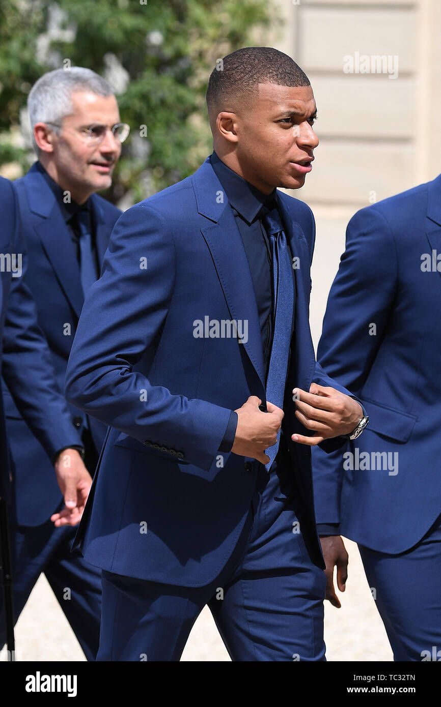 Paris, France. 4th June, 2019. Kylian Mbappe and French soccer team,  winners of the Russia 2018 World Cup, attend a ceremony awarding them  France's prestigious Legion of Honour at the Elysee Palace