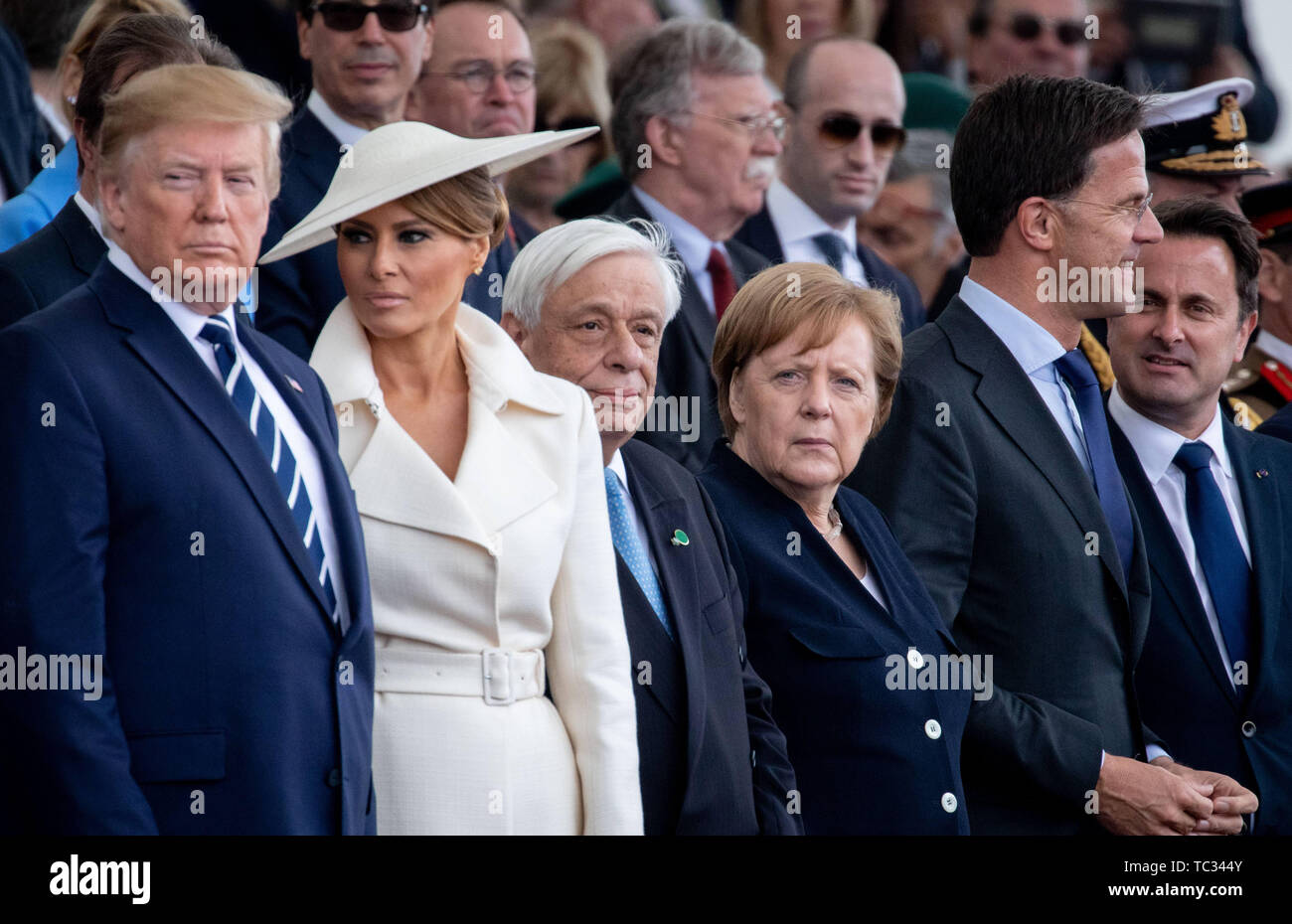 Portsmouth, UK. 05th June, 2019. Donald Trump, President of the USA, (l-r)  his wife Melania, First Lady of the USA, Prokopis Pavlopoulos, President of  Greece, Chancellor Angela Merkel (CDU), Mark Rutte, Prime