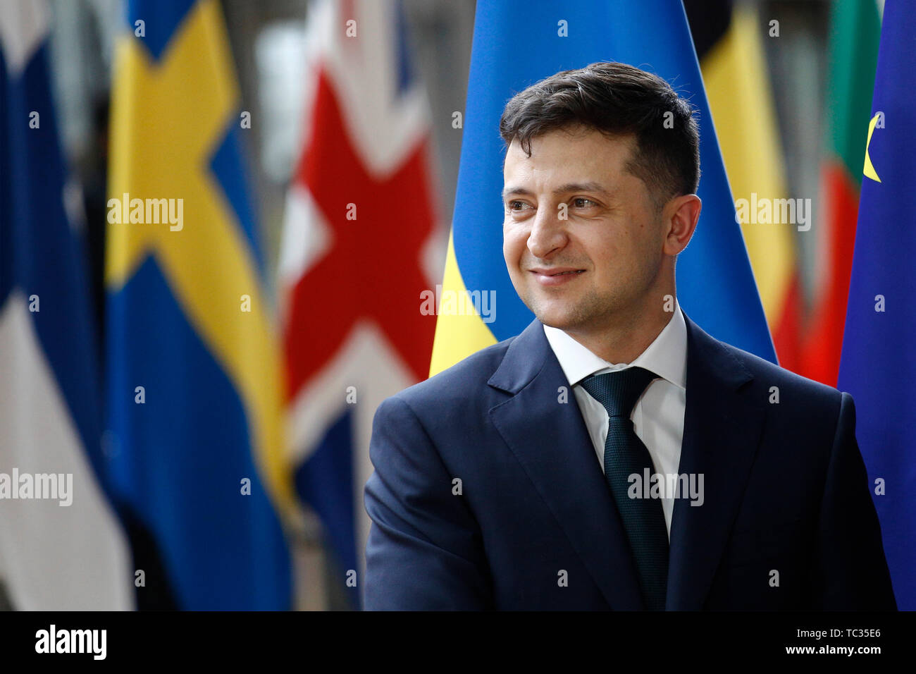 Brussels, Belgium. 5th June, 2019. Ukrainian President Volodymyr Zelensky is welcomed by European Council President Donald Tusk ahead of their meeting. Credit: ALEXANDROS MICHAILIDIS/Alamy Live News Stock Photo