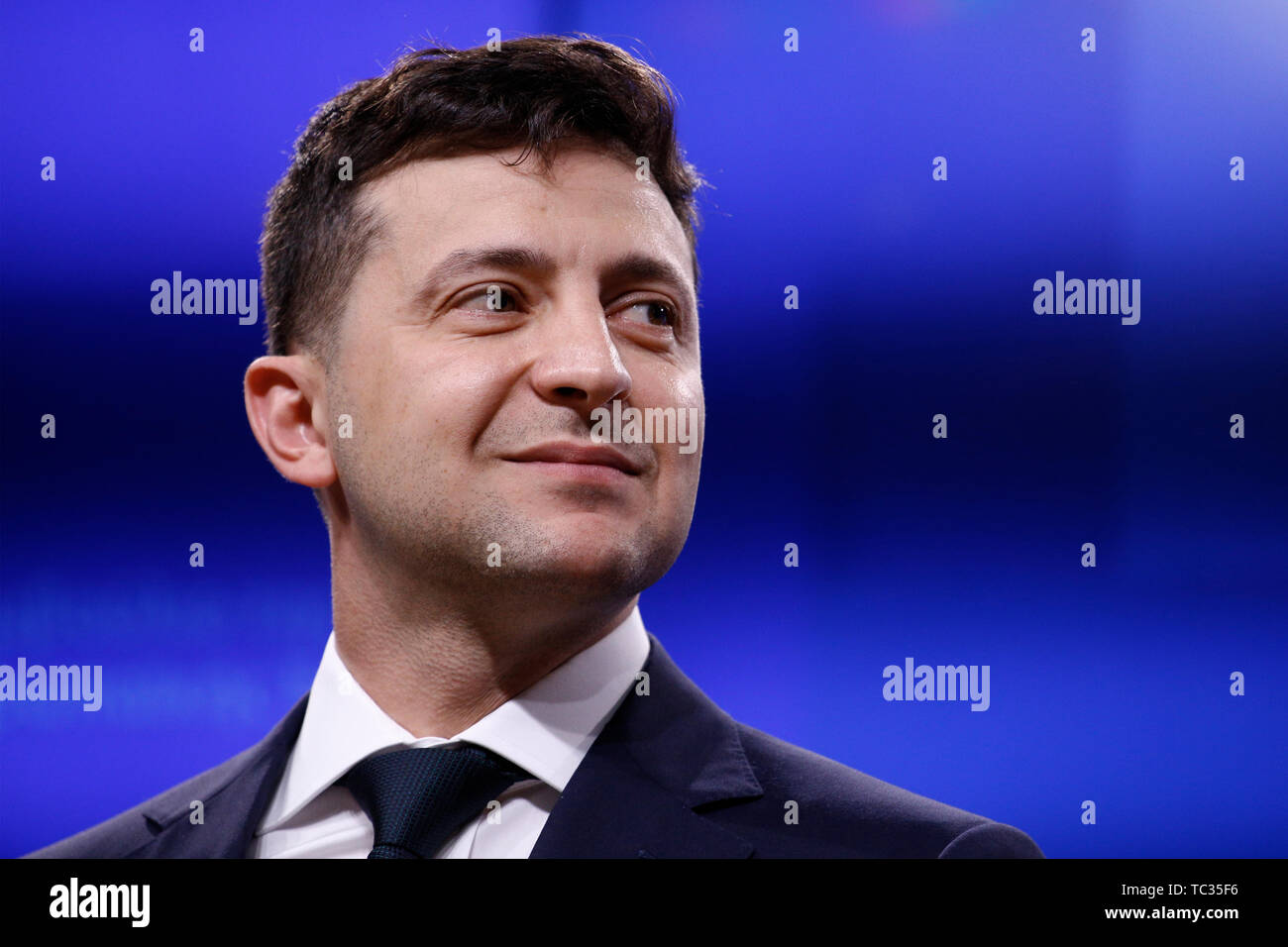 Brussels, Belgium. 5th June, 2019. Ukrainian President Volodymyr Zelensky and European Council President Donald Tusk give a press conference after their meeting. Credit: ALEXANDROS MICHAILIDIS/Alamy Live News Stock Photo
