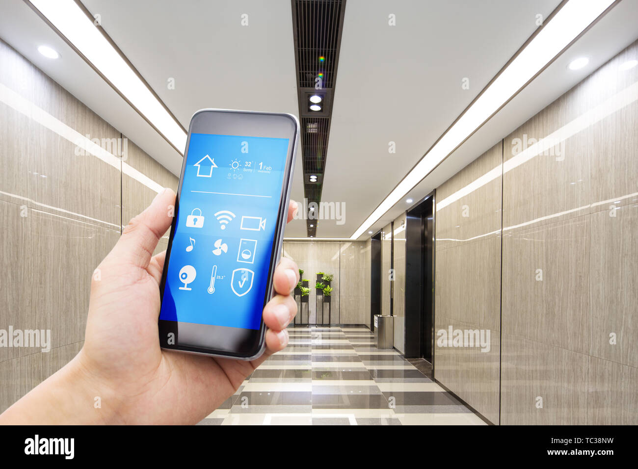 Modern video inside interior design technology in business business modern phone connection Internet screen screen future no one in room touch communication communication family corridor Stock Photo