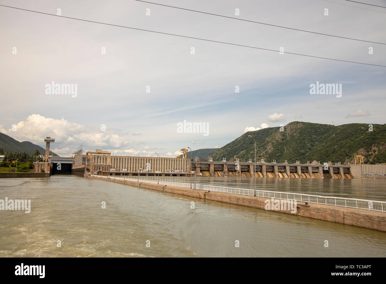 Iron Gat Hydroelectric Plant in the Iron Gate gorges on the Danube River between Serbia and Romania. Stock Photo