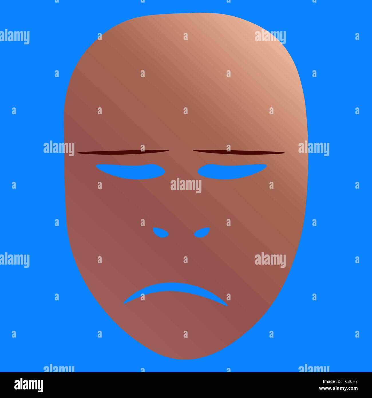 Theatrical mask with sorrowful emotion. Vector illustration. Bronze mask with gradient on blue background. Stock Vector