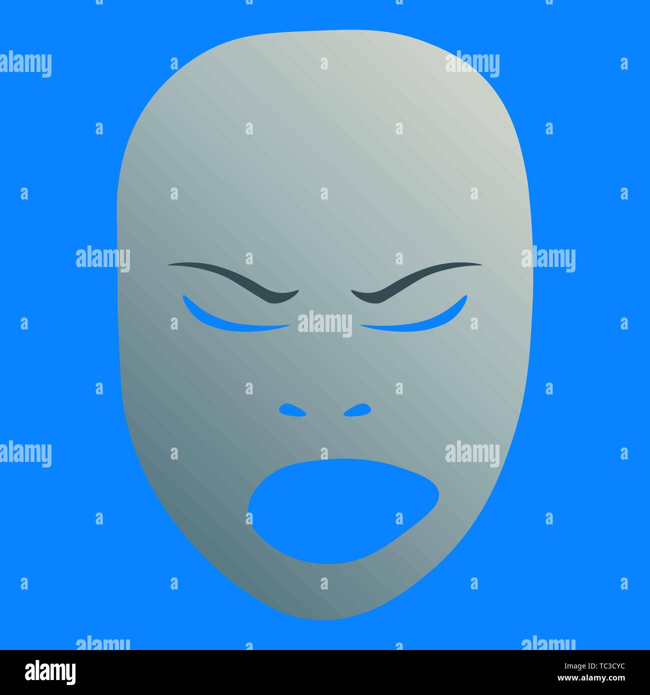 Theatrical mask with angry emotion. Vector illustration. Silver mask with gradient on blue background. Stock Vector