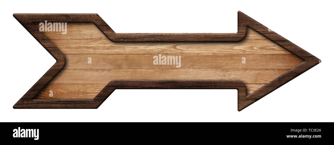 Wooden arrow shape signpost made of natural wood with dark frame Stock