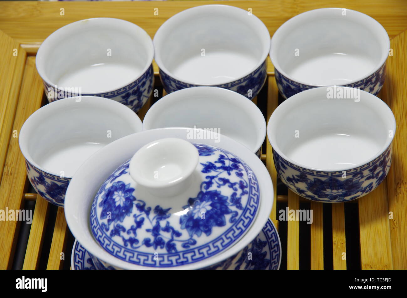 Blueandwhite ceramic tea set Stock Photo Alamy