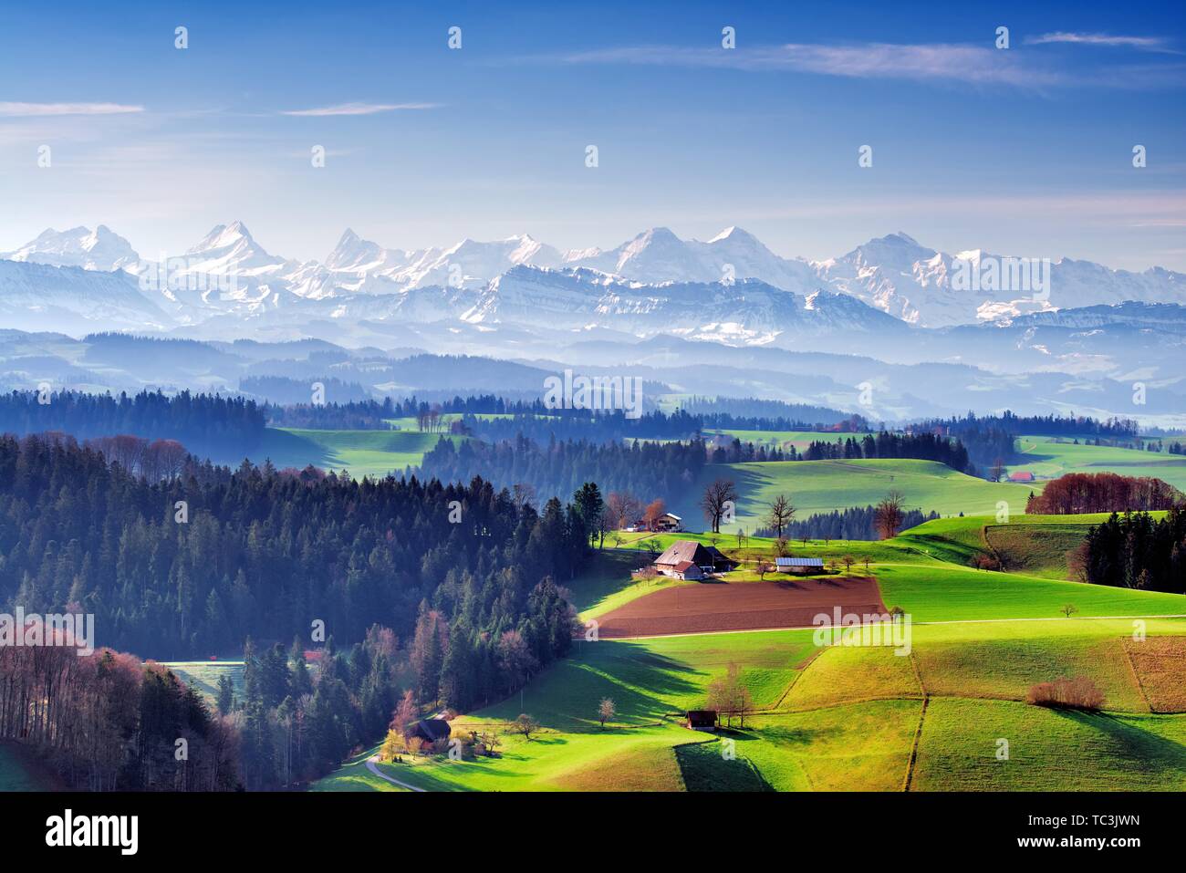 View from the Lueg over the Emmental with Bernese Alps in spring