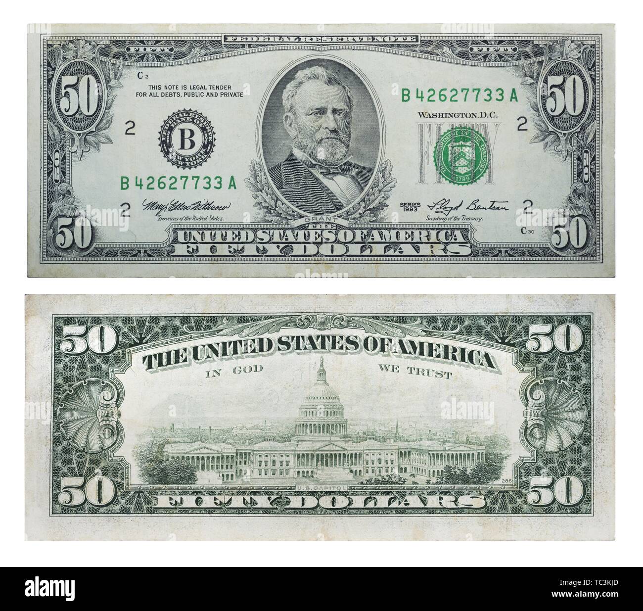 50 American dollars of the old sample, 1993, front side and backside, Ukraine Stock Photo