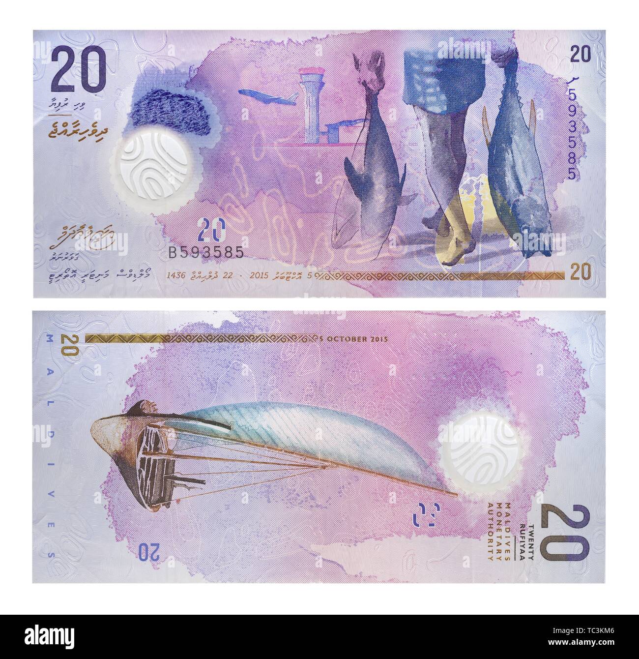 20 Maldivian rufiyaa, front side and backside, sample 2015, Ukraine Stock Photo