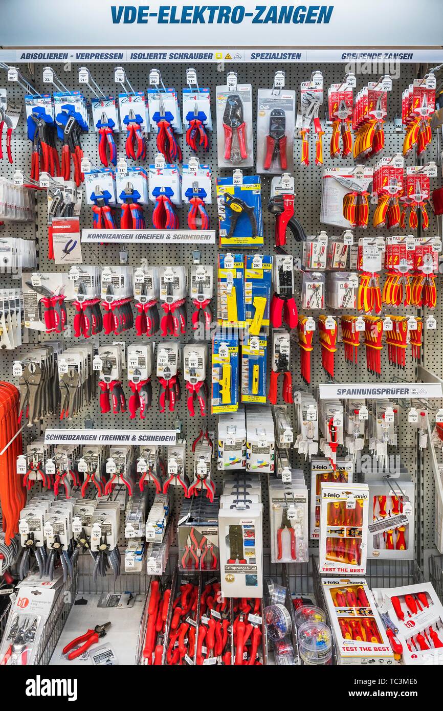 Tools, electrical accessories, electric pliers in the DIY store, Munich,  Upper Bavaria, Bavaria, Germany Stock Photo - Alamy