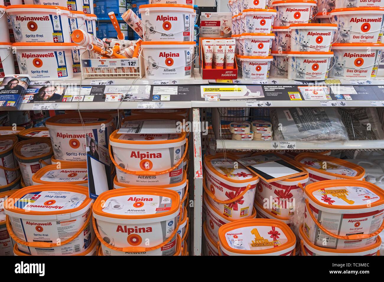 Renovation, White wall paint in the DIY store, Munich, Upper Bavaria