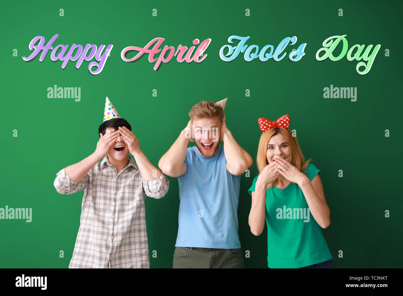 Funny friends with party decor for April Fools' Day celebration on color background Stock Photo - Alamy Funny friends with party decor for April Fools' Day celebration on color background Stock Photo - Alamy